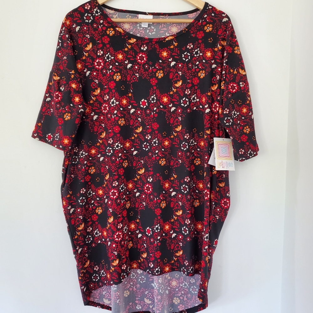 NWT LULAROE Sz L Irma Tunic Top SS Stretch Soft Hi Low Hem Black Floral Comfort